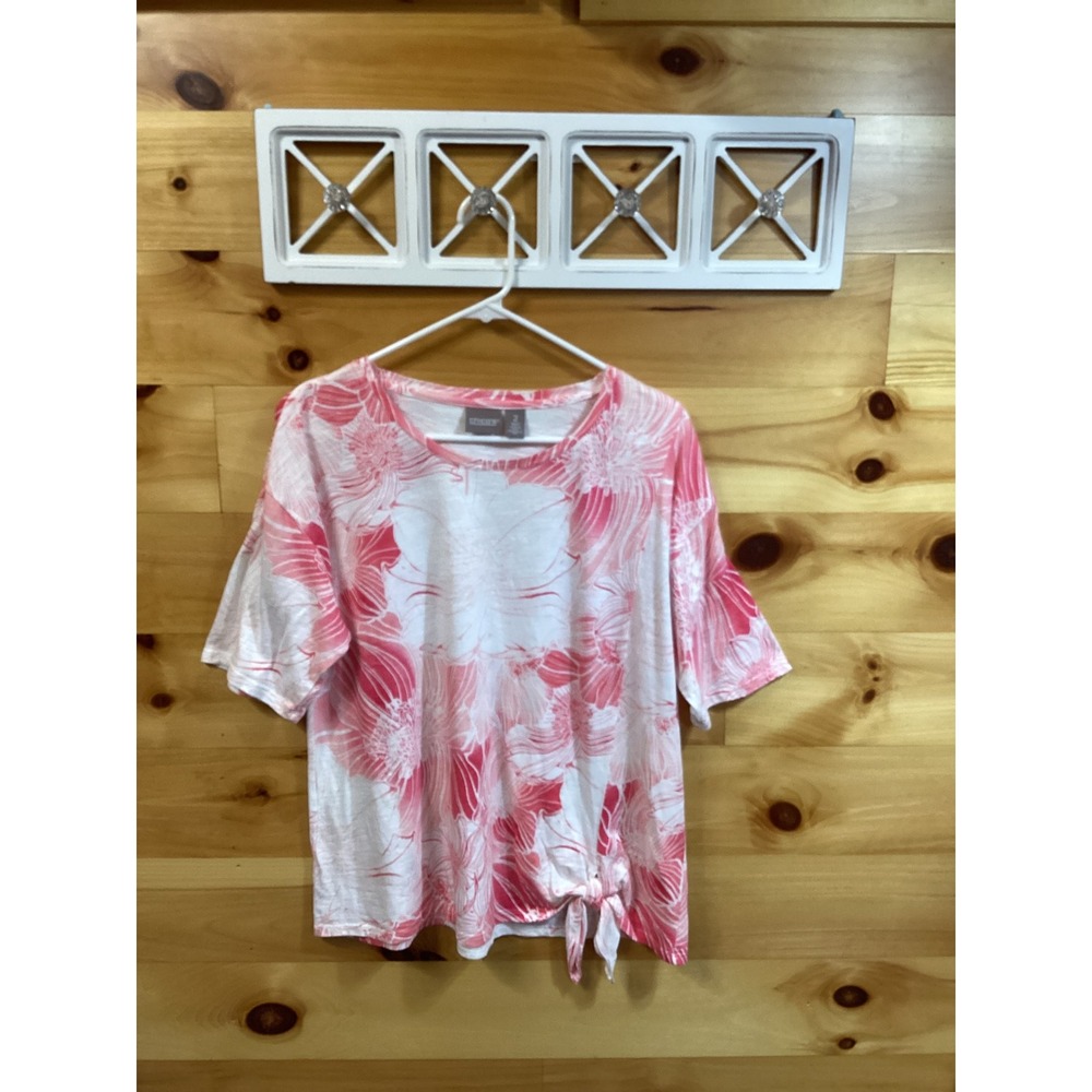 Chicos Pink White Floral Slub Knit Side Tie Short Sleeve Top L Boho Beachy